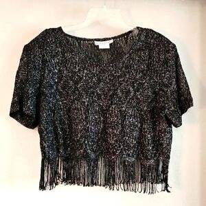 Midriff Fringe Top Black with Silver Shimmer Highlights Size 14 Vintage